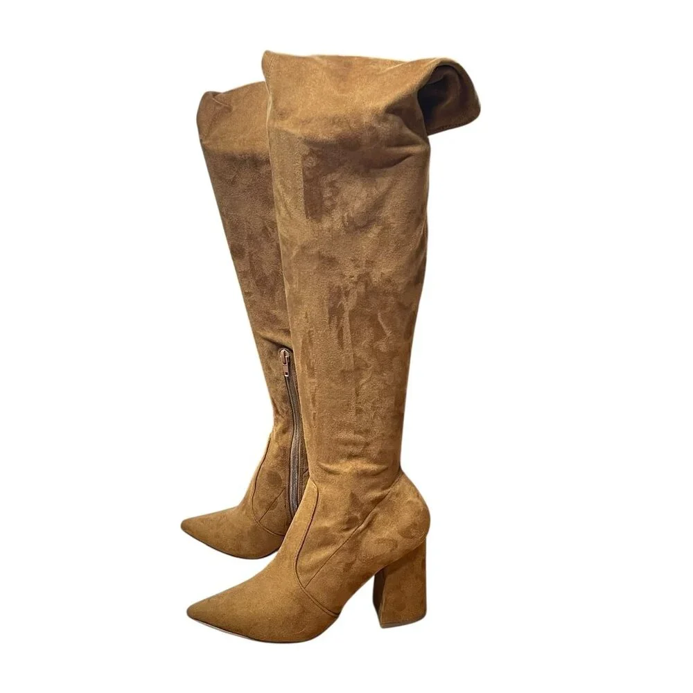 Steve Madden Tan Faux Suede Knee-High Boots 6.5M Pointed Toe Block Heel Side Zip
